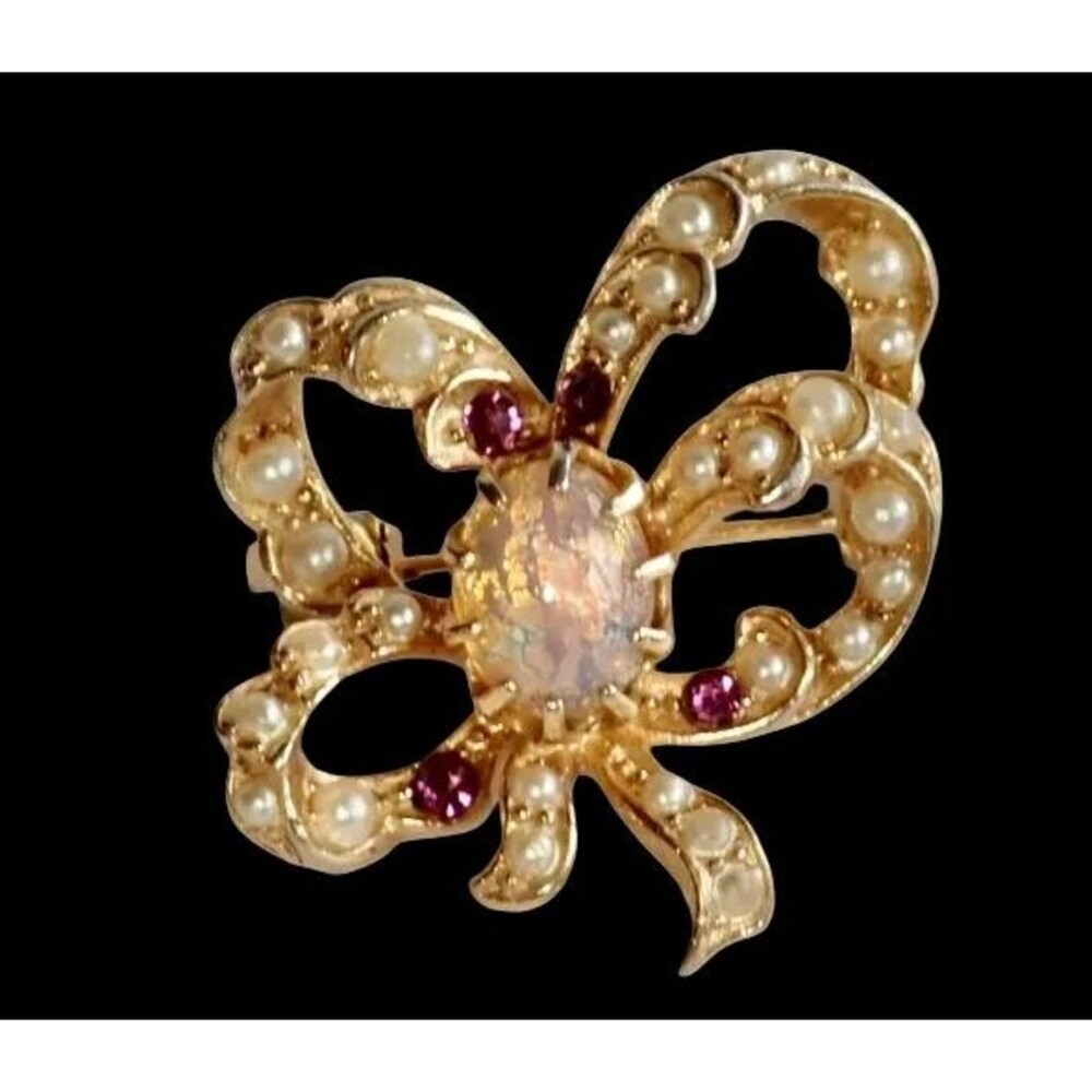 Vintage Gold Tone Fire Pink Opal & Purple Amethyst & Seed Pearl Ribbon Bow Pin